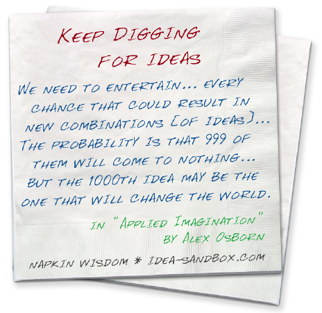 Keep Digging for Ideas - 'We need to entertain... every chance that could result in new combinations [of ideas]... The probability is that 999 of them will come to nothing... but the 1000th idea may be the one that will change the world.' - In 'Applied Imagination' by Alex Osborn